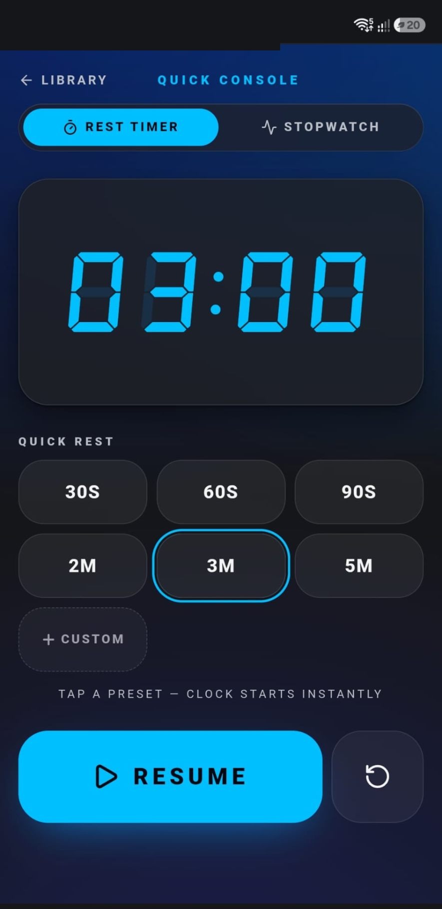 Apex Quick Console — rest timer and stopwatch on a phone